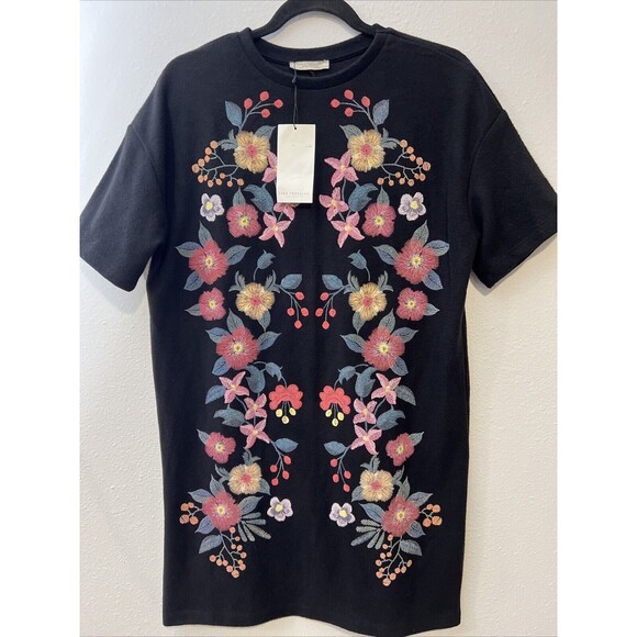 Zara Dresses & Skirts - Zara Trafaluc‎ Dress S Womens Black Floral Mini Shift Short Sleeve Sweater NWT